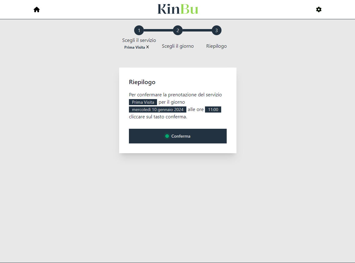 esempio conferma del servizio, del giorno e dell'ora con KinBu per prenotare un appuntamento